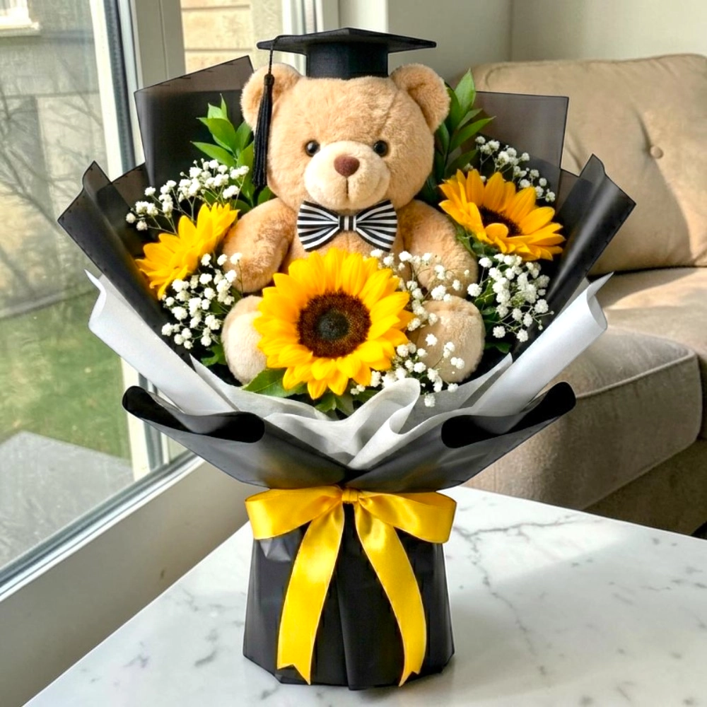 Sunshine Graduation Bouquet Hamper with Sunflowers, Gypsophila and Teddy Bear