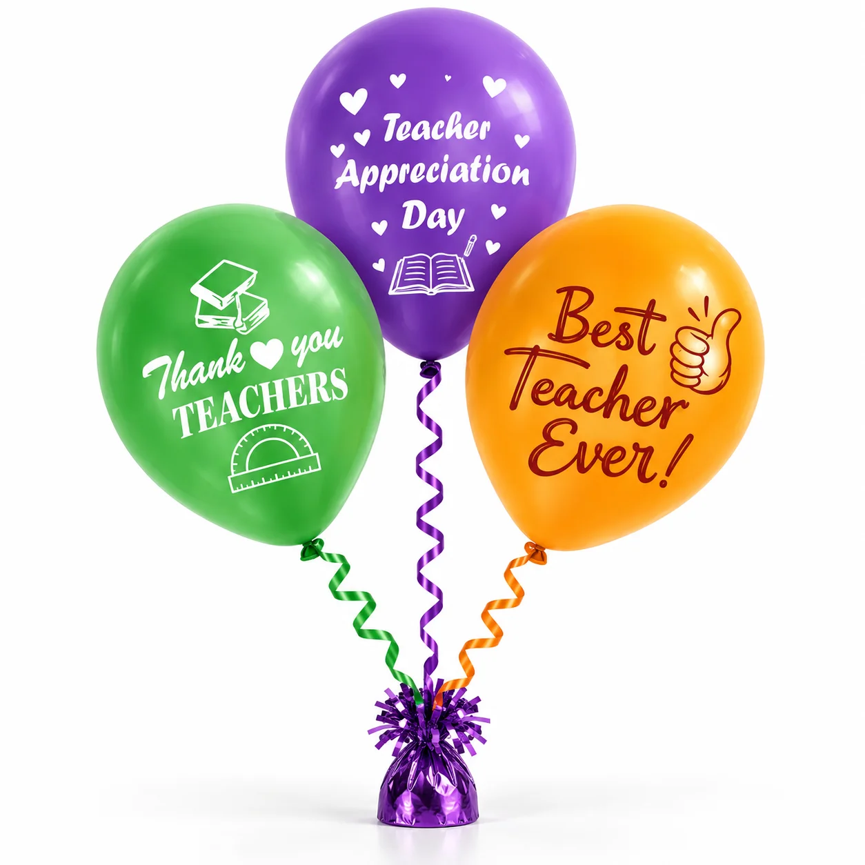 Vibrant Teachers Day balloon set with green purple and orange balloons