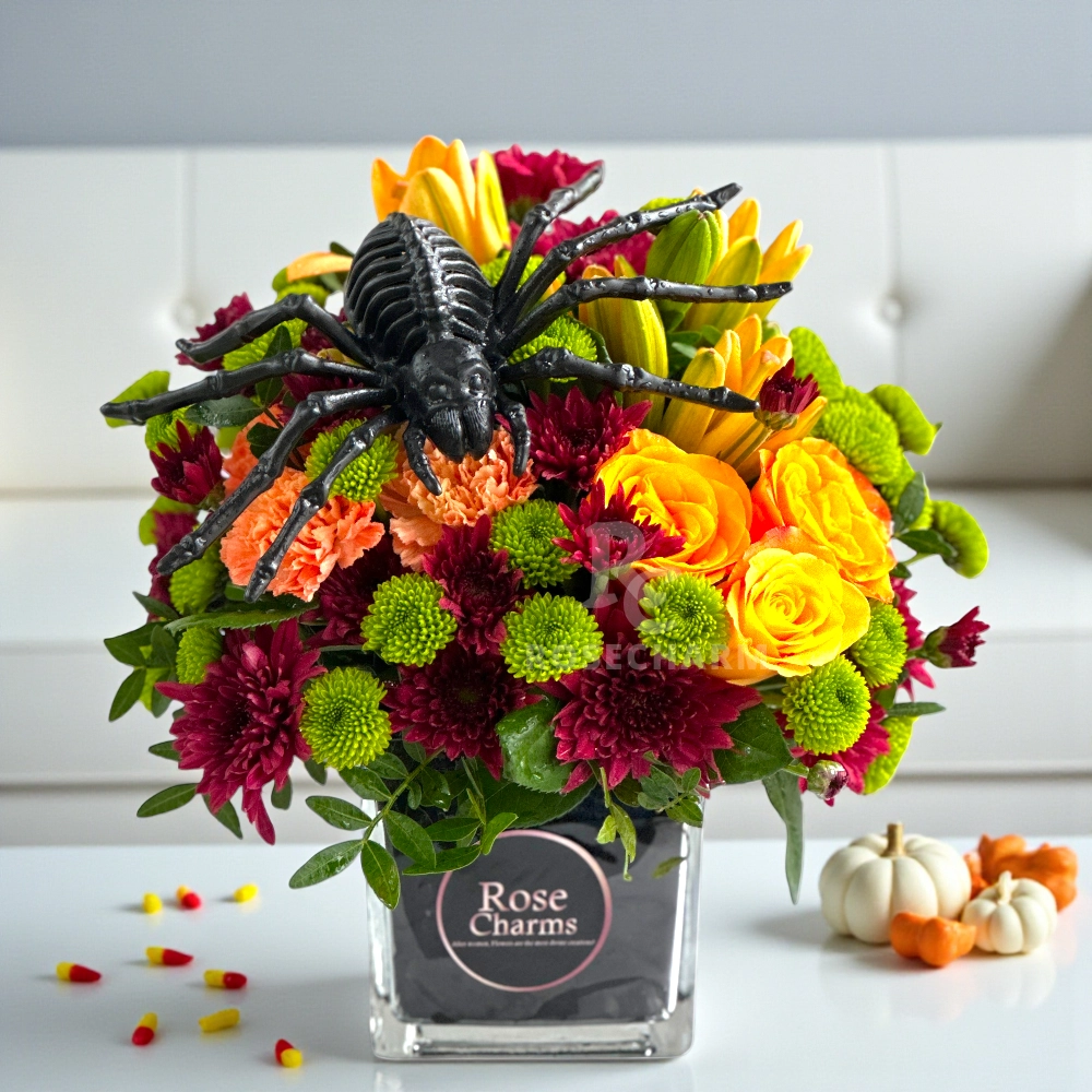 Halloween roses and sunflower arrangement