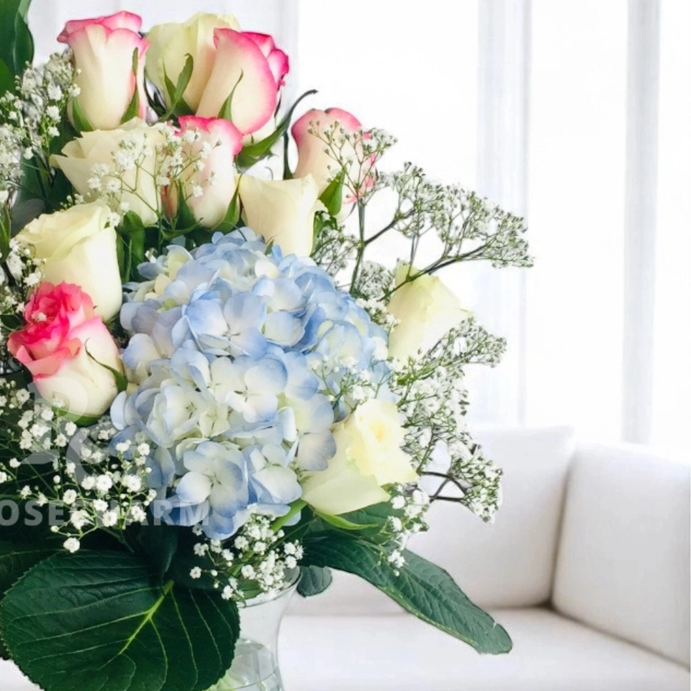 Arrangement of blue hydrangea