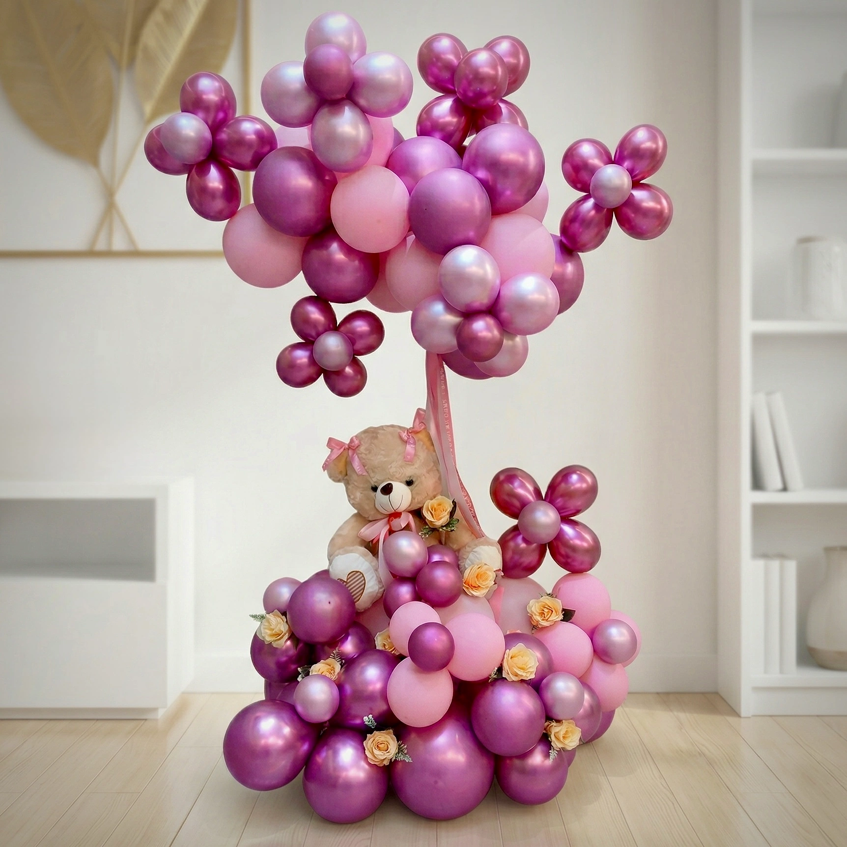3ft baby girl balloon stand with teddy bear pink latex balloons chrome balloons and pink roses arrangement