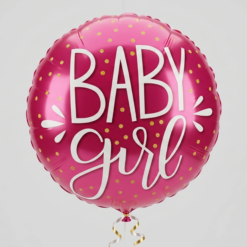 Pink baby girl helium-filled 18-inch foil balloon for baby showers, newborn welcome celebrations, and baby girl birthday surprises