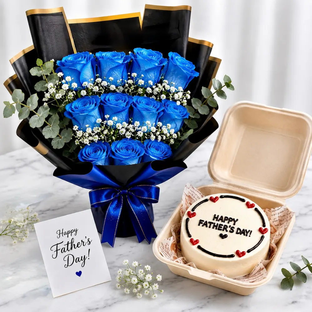 Father's Day gift set featuring 11 blue roses and a Happy Father's Day bento cake for Dad