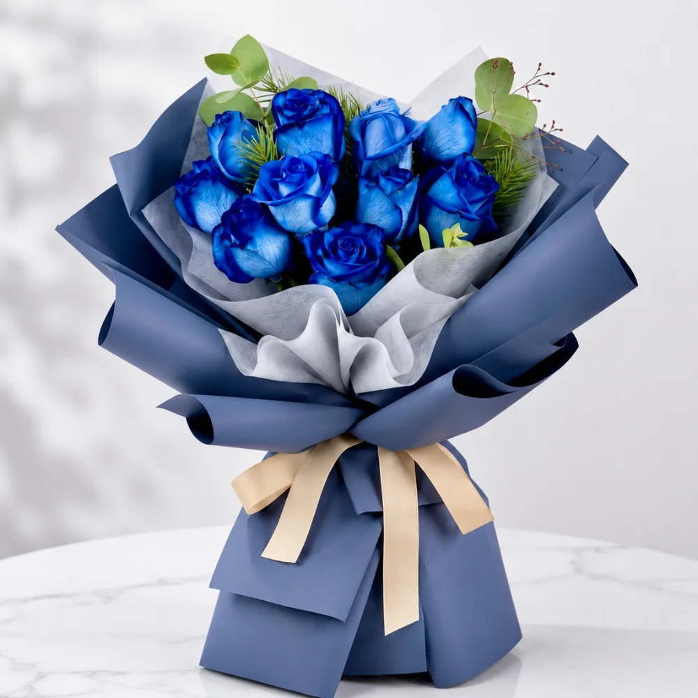 Elegant bouquet of 11 premium blue roses arranged for Father's Day gifting with a stylish and sophisticated floral presentation