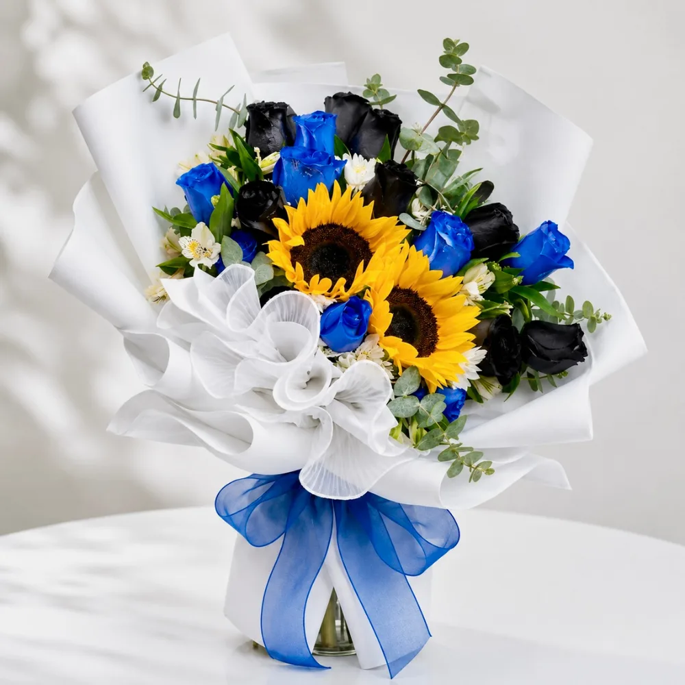 Bold Father's Day bouquet with sunflowers blue roses black roses and white alstroemeria arranged as a premium gift for dad