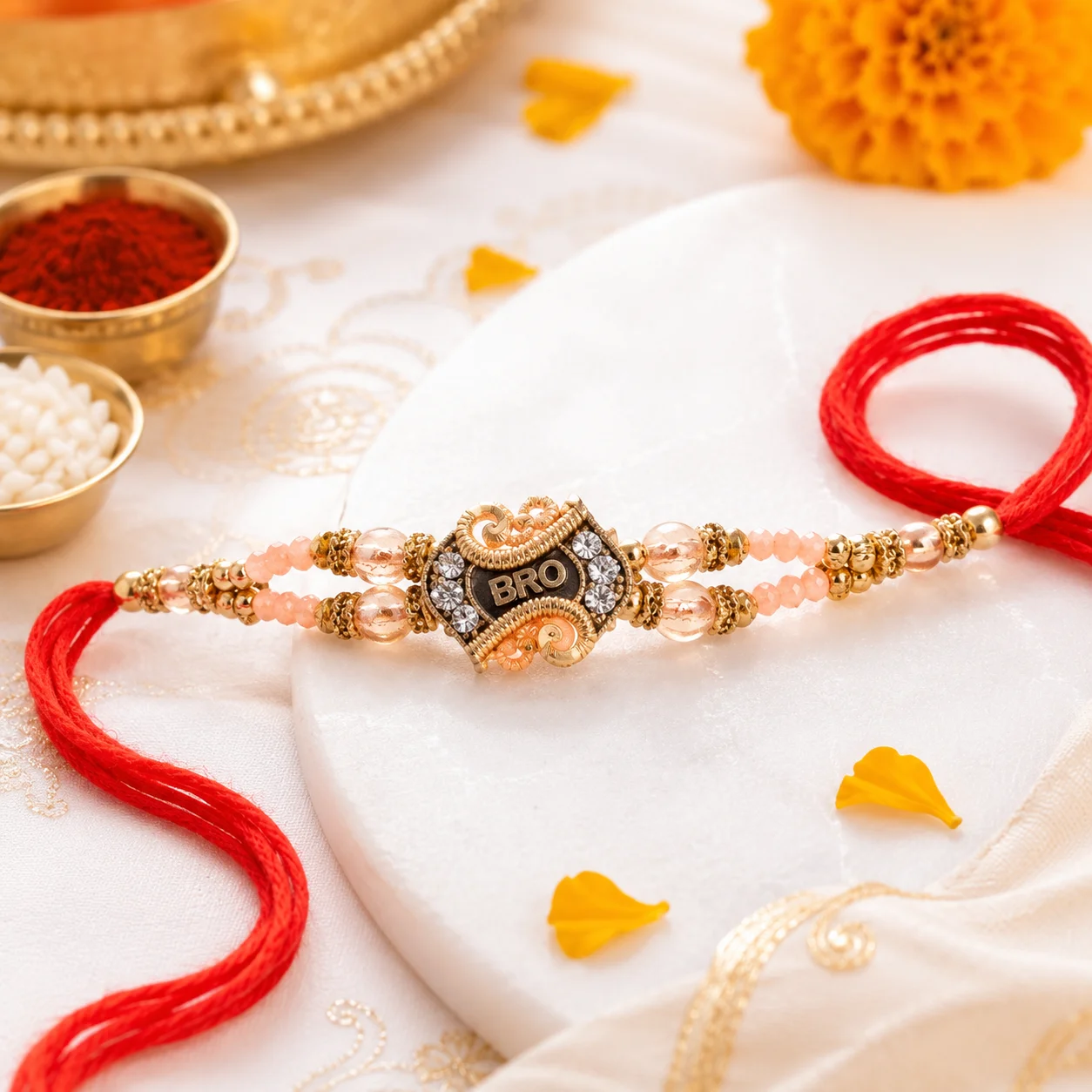 Bro crystal beads designer rakhi with sparkling stones, golden detailing and traditional red thread for Raksha Bandhan
