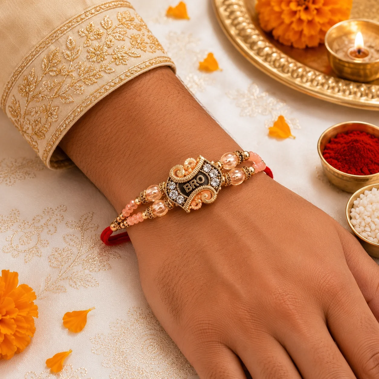 decorative gold accents and sacred red thread for brother