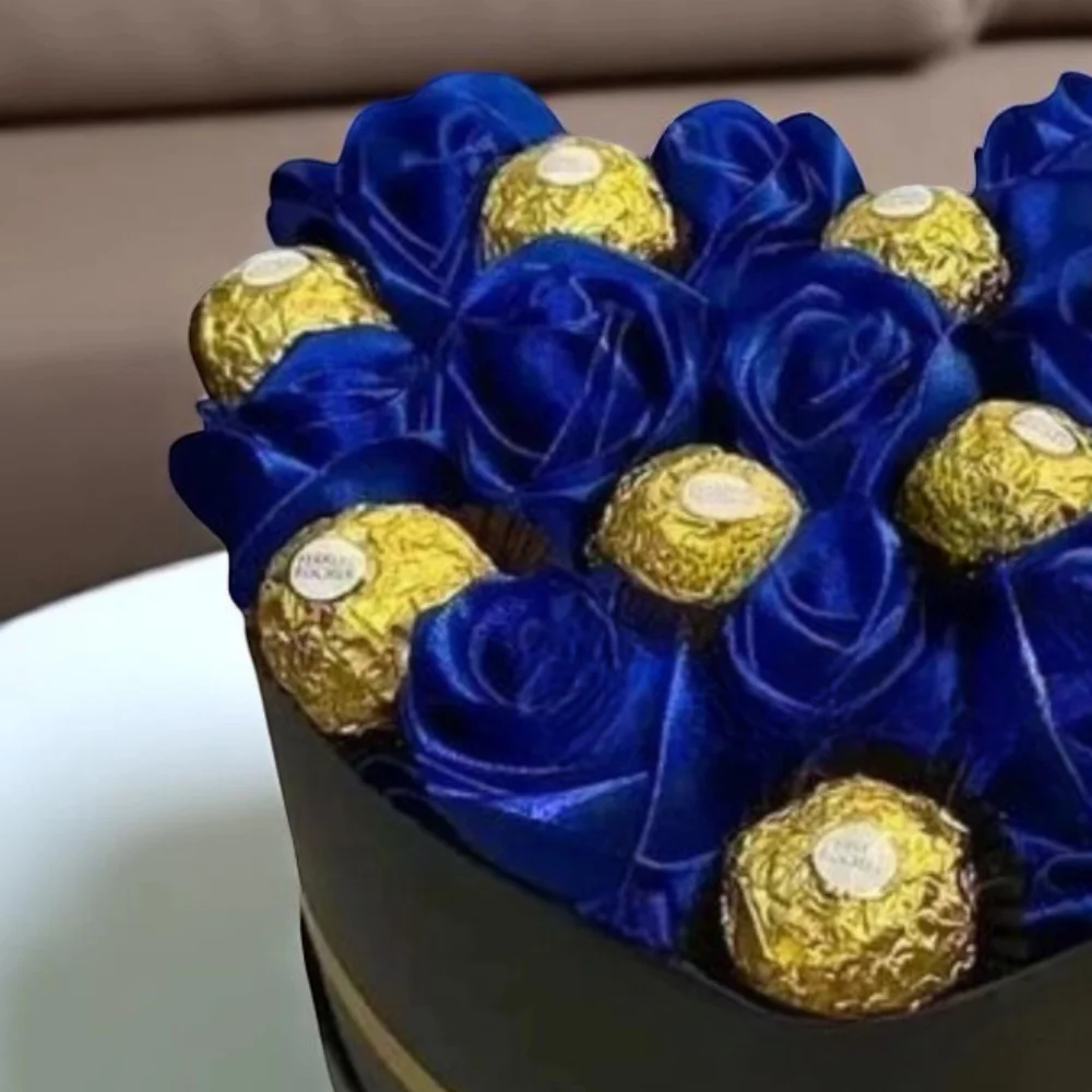 Heart Shape Arrangement of blue rose with chocolates