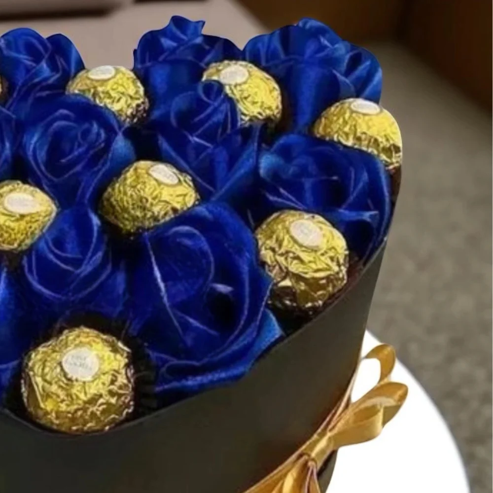 Heart Shape Arrangement of blue rose with chocolates