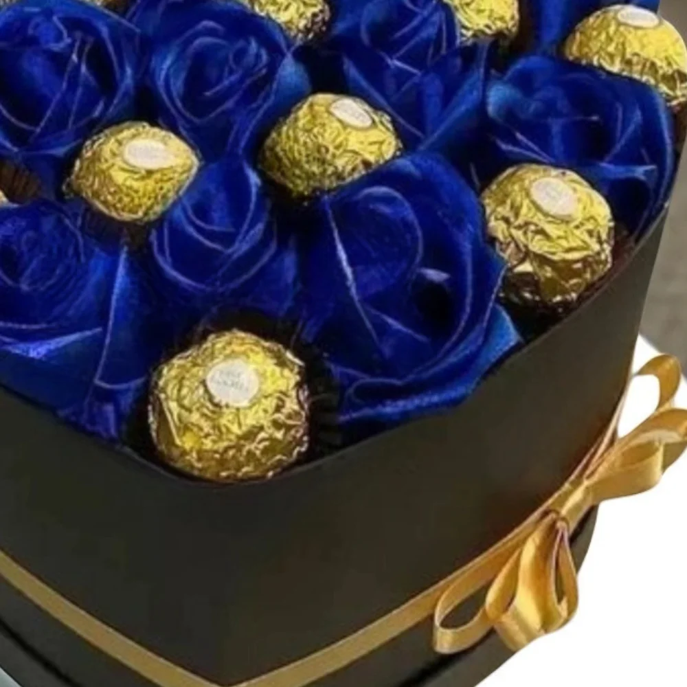 Heart Shape Arrangement of blue rose with chocolates