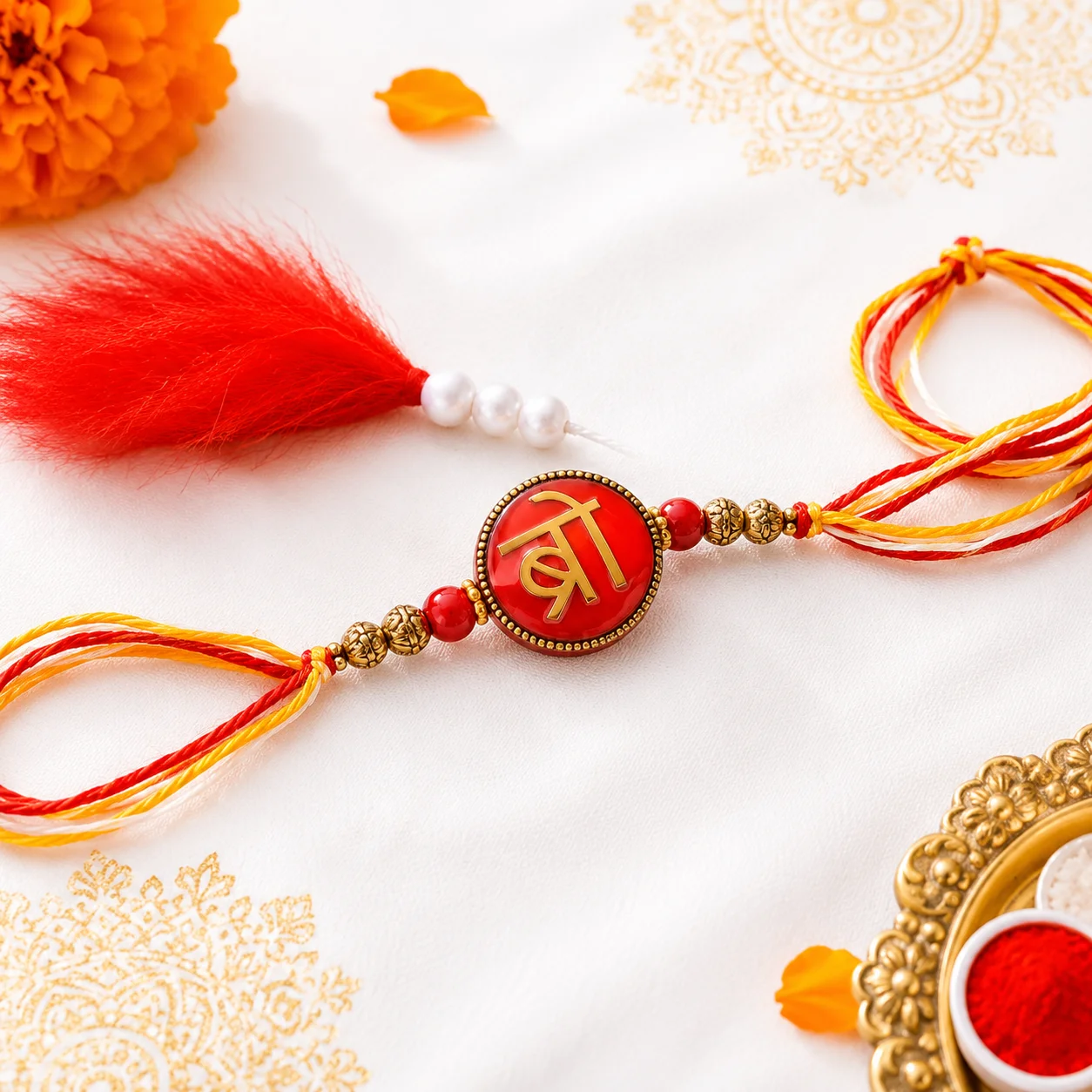 A beautiful red enamel rakhi with "Bro" design in golden font, accented with pearls and traditional red tassel.