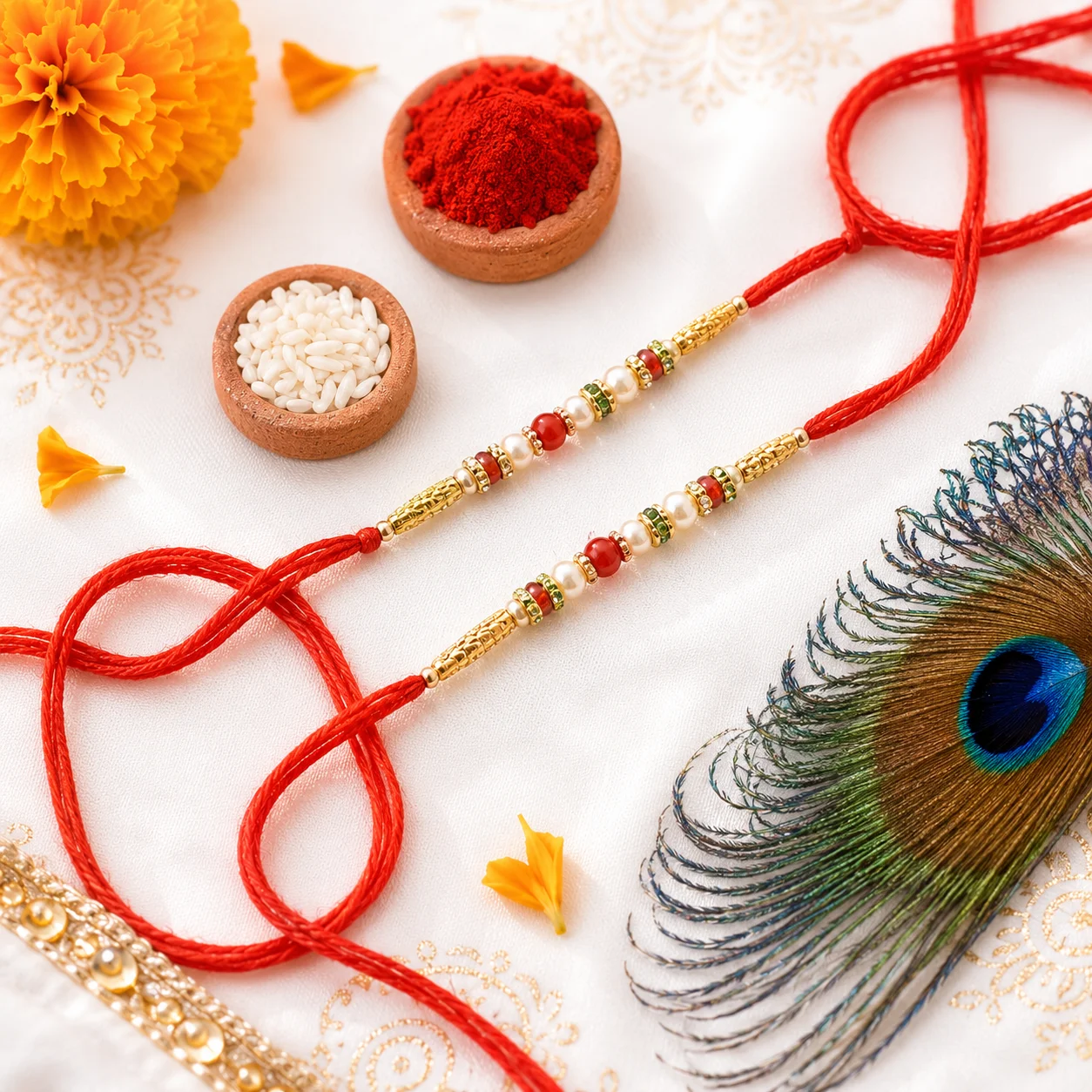 A traditional Rakhi set of two featuring gold beads, roli, and chawal for Raksha Bandhan festival on a white decorative background.