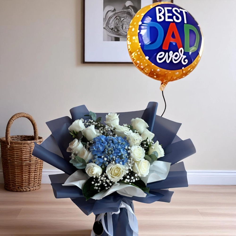 flowers bouquet for men with foil balloon