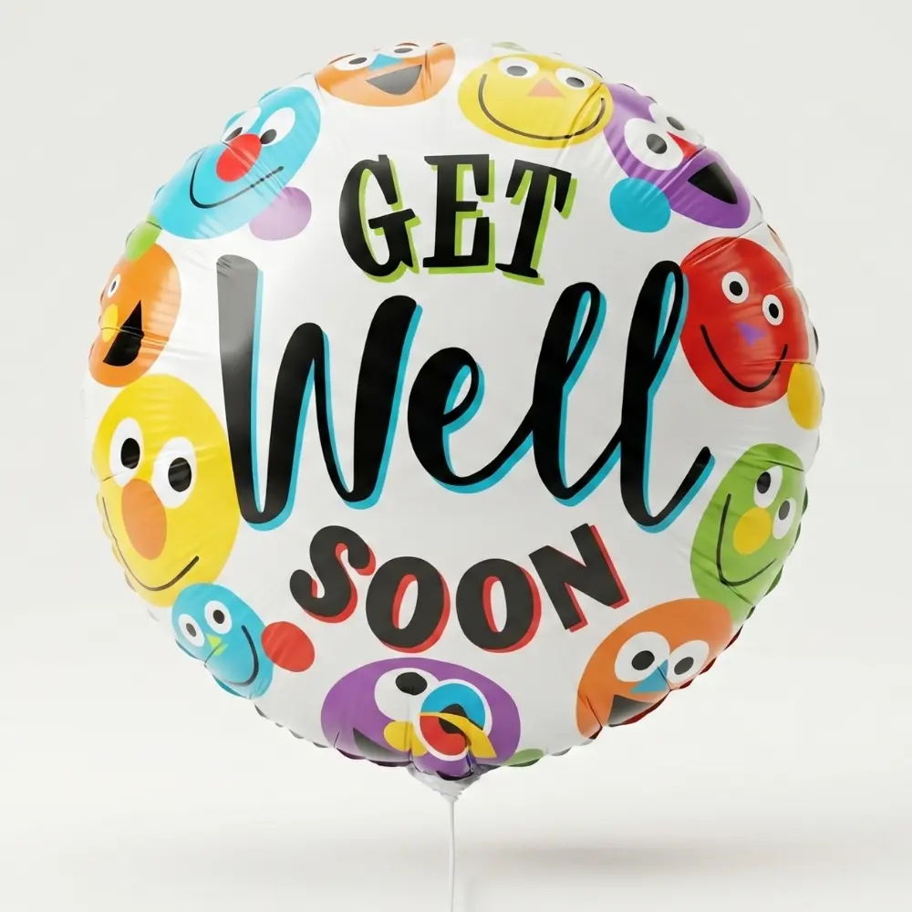 Round shape get well soon foil balloon with cheerful recovery message, perfect for sending positivity, support, and heartfelt wishes