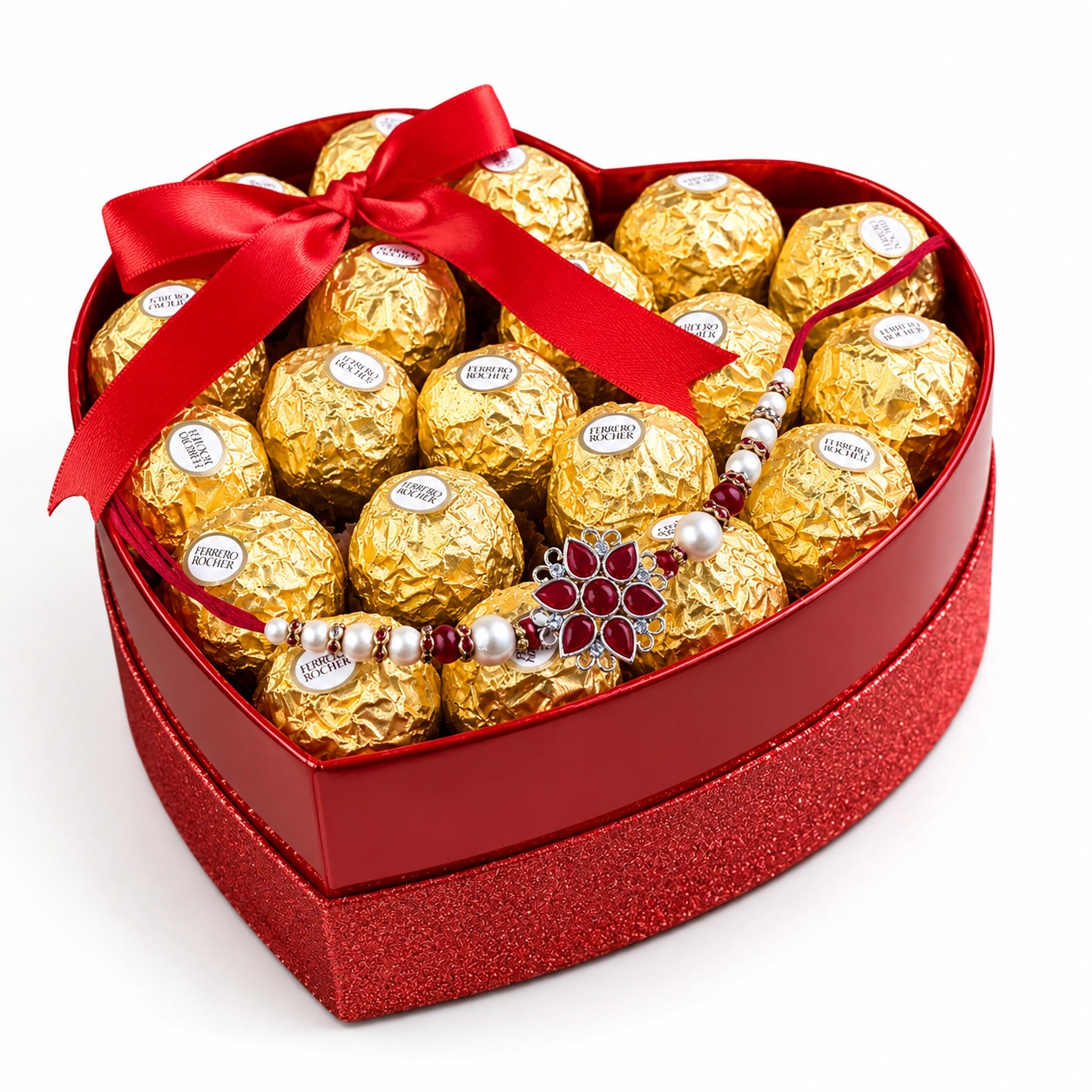 Golden Delight Rakhi Gift Box Hamper with 20 Ferrero Rocher chocolates in a red heart shaped box and designer Rakhi