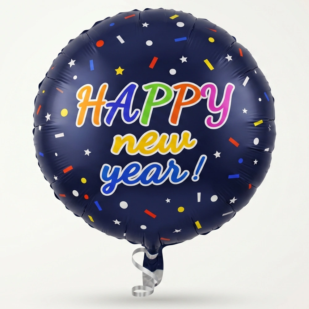 Blue Happy New Year helium-filled 18-inch foil balloon for countdown parties, family gatherings, and festive New Year celebrations