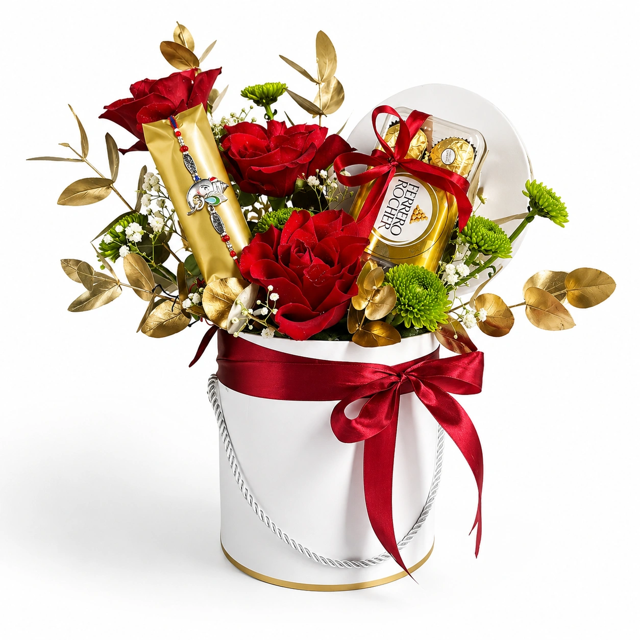 Luxury Rakhi gift box hamper with red roses, Ferrero Rocher chocolates, designer Rakhi and golden eucalyptus leaves