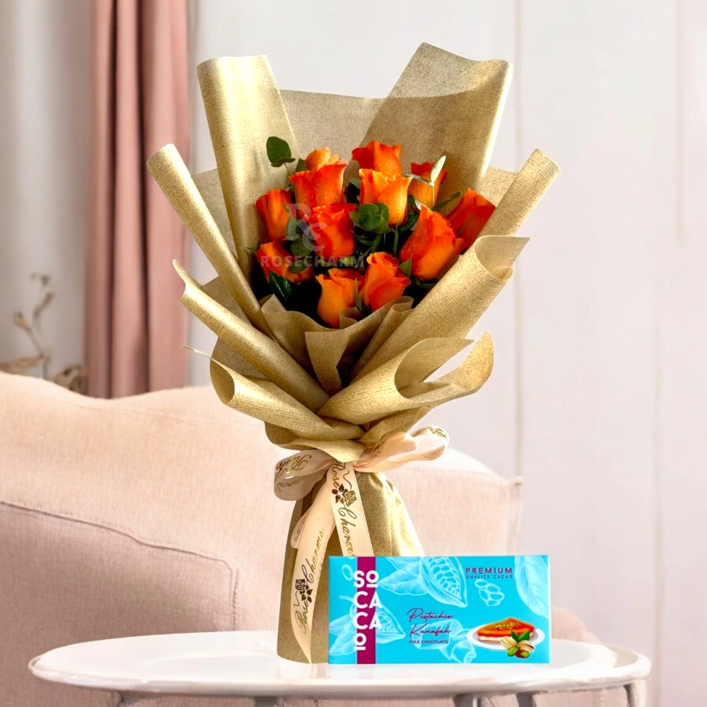 orange roses and chocolates bouquet
