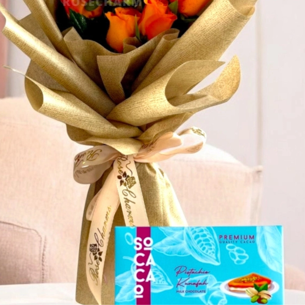 orange roses and chocolates bouquet