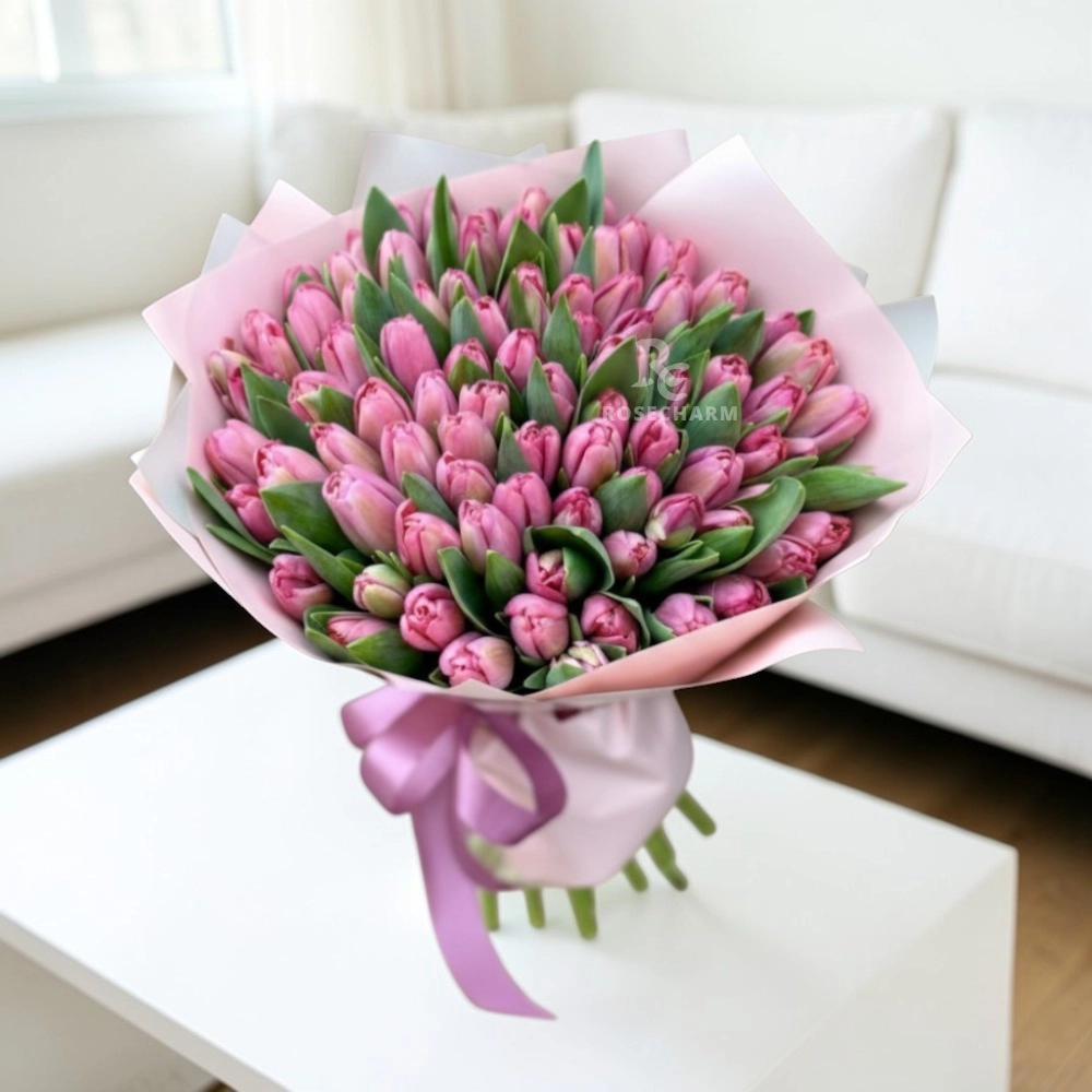 100 pink tulips bouquet