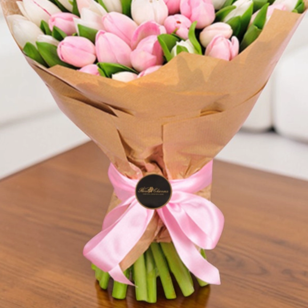 25 white and pink tulips