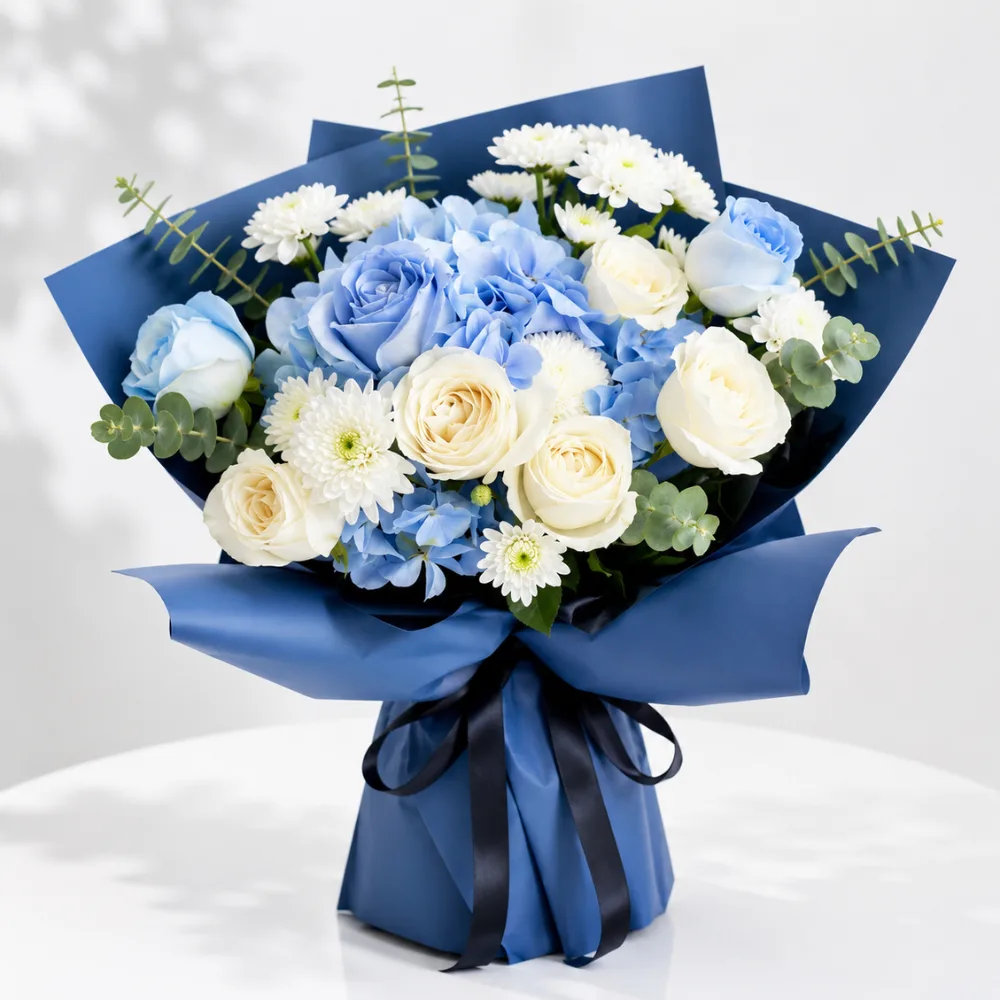 Premium blue and white Father's Day floral bouquet with roses hydrangeas and chrysanthemums elegant gift arrangement