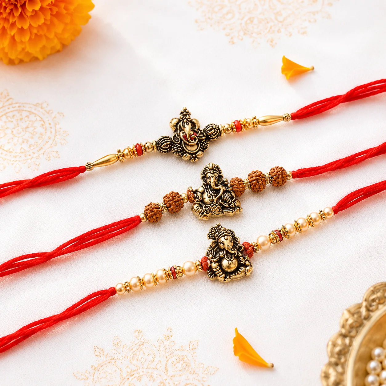 A set of three elegant Ganesha-themed rakhis featuring golden idols and traditional red threads for Raksha Bandhan.