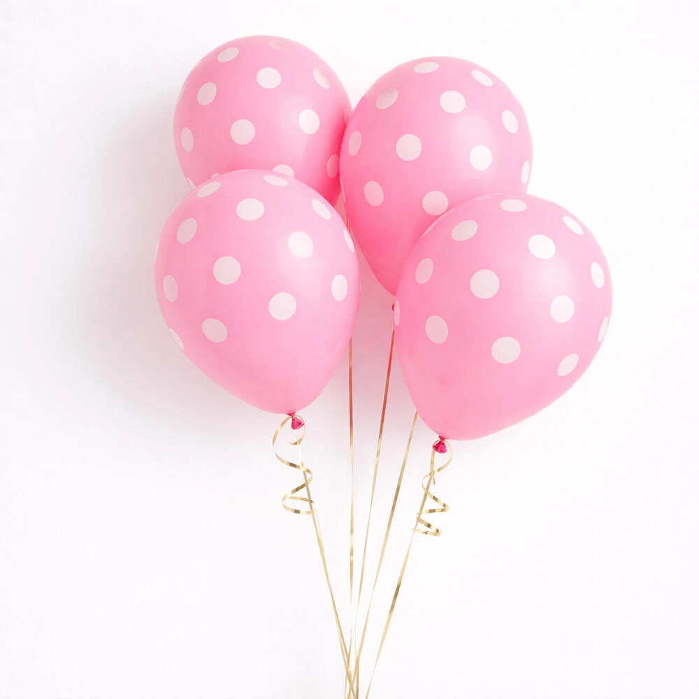 Set of 4 pink latex balloons with white polka dots for birthday parties, baby showers, and festive celebration decorations
