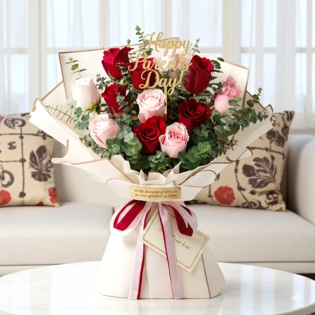 red and pink roses bouquet for parents day gift uae