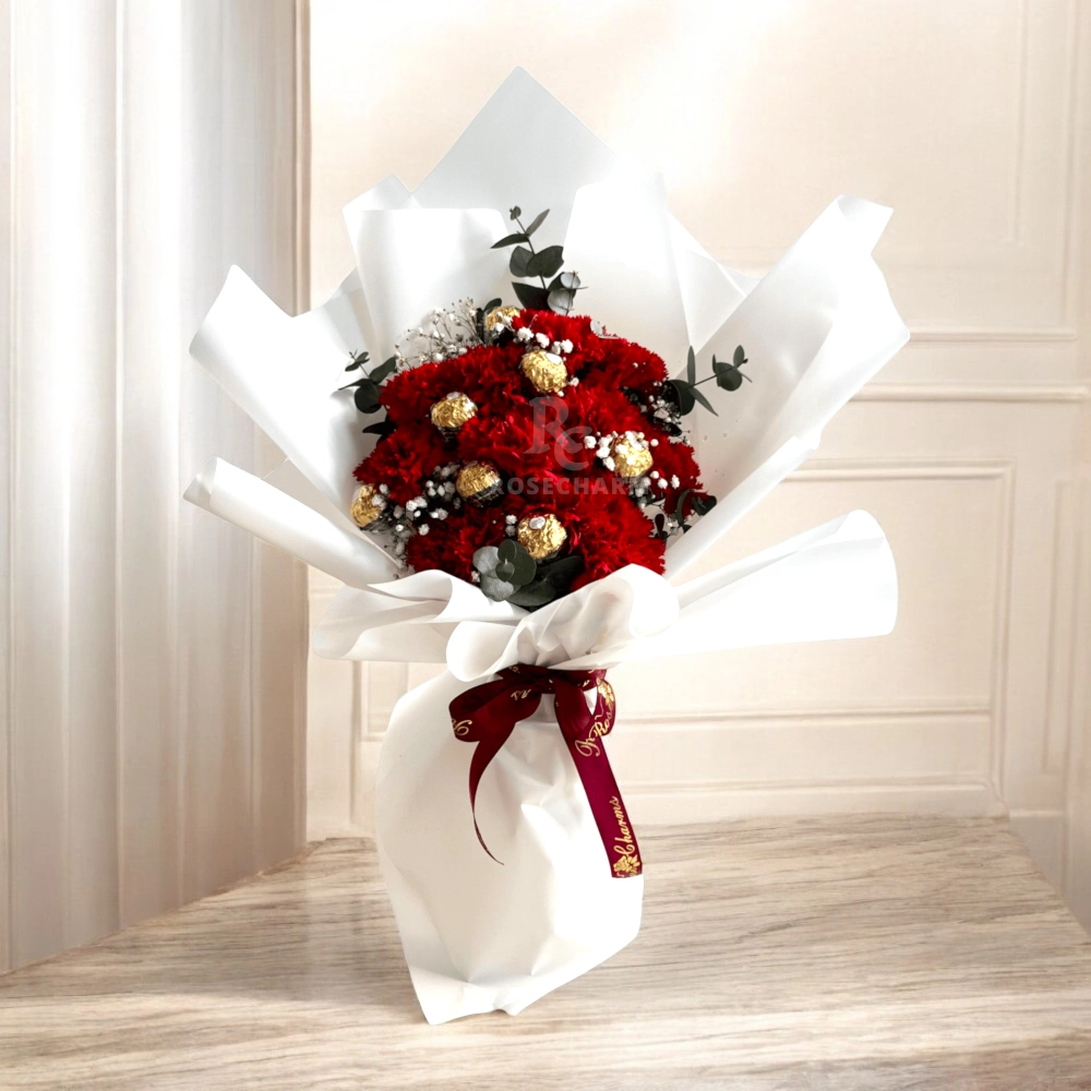 Red carnation & chocolates bouquet