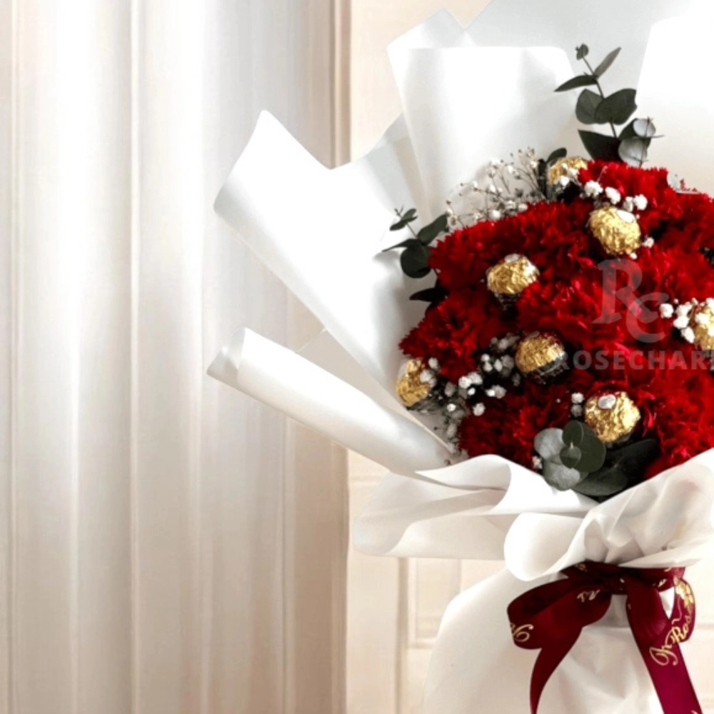 Red carnation & chocolates bouquet