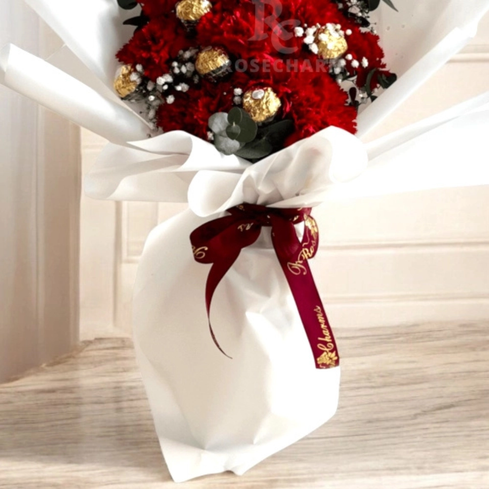 Red carnation & chocolates bouquet