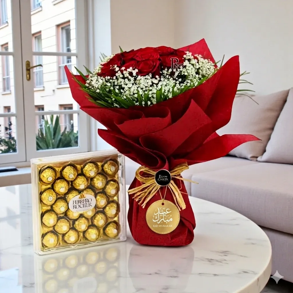 Eid Al Adha Red Roses and Ferrero Rocher Chocolate Combo