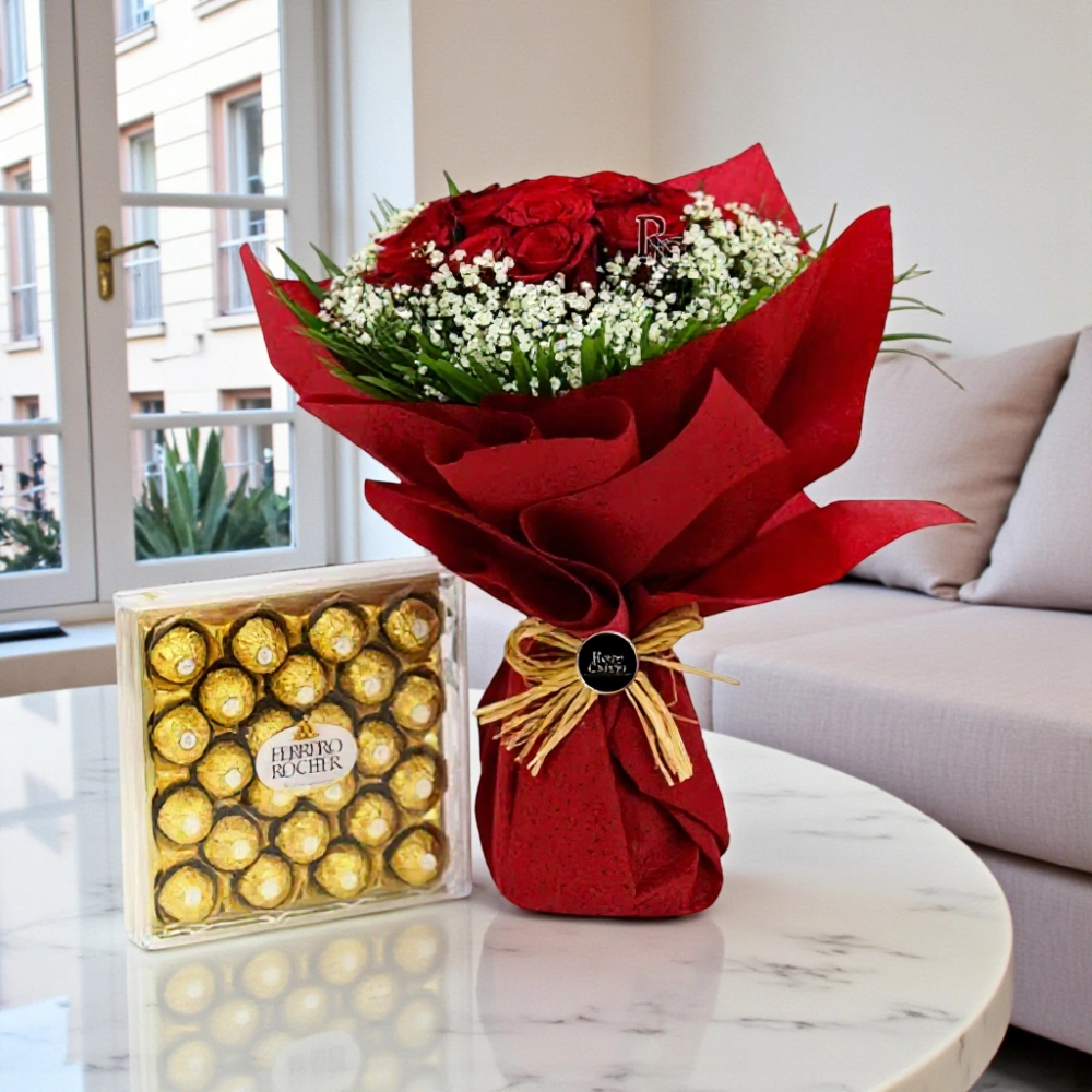 Red Roses and 24 pcs Ferrero Rocher combo