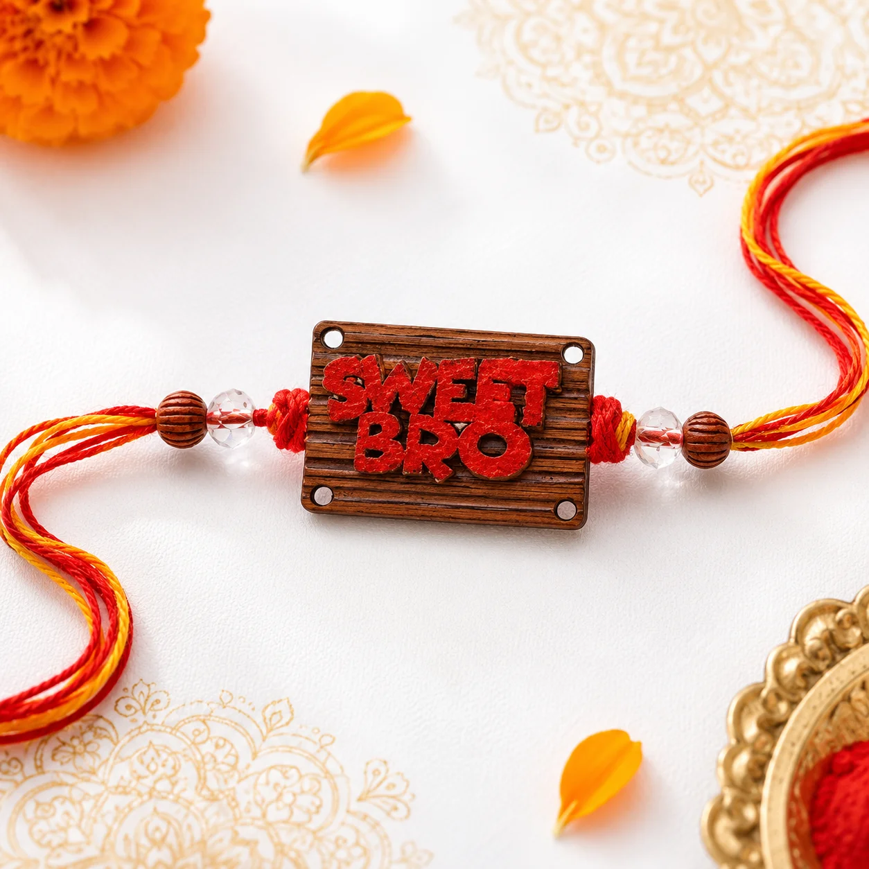 A wooden rakhi featuring bold red "Sweet Bro" text on a rustic plaque with traditional multi-colored threads.