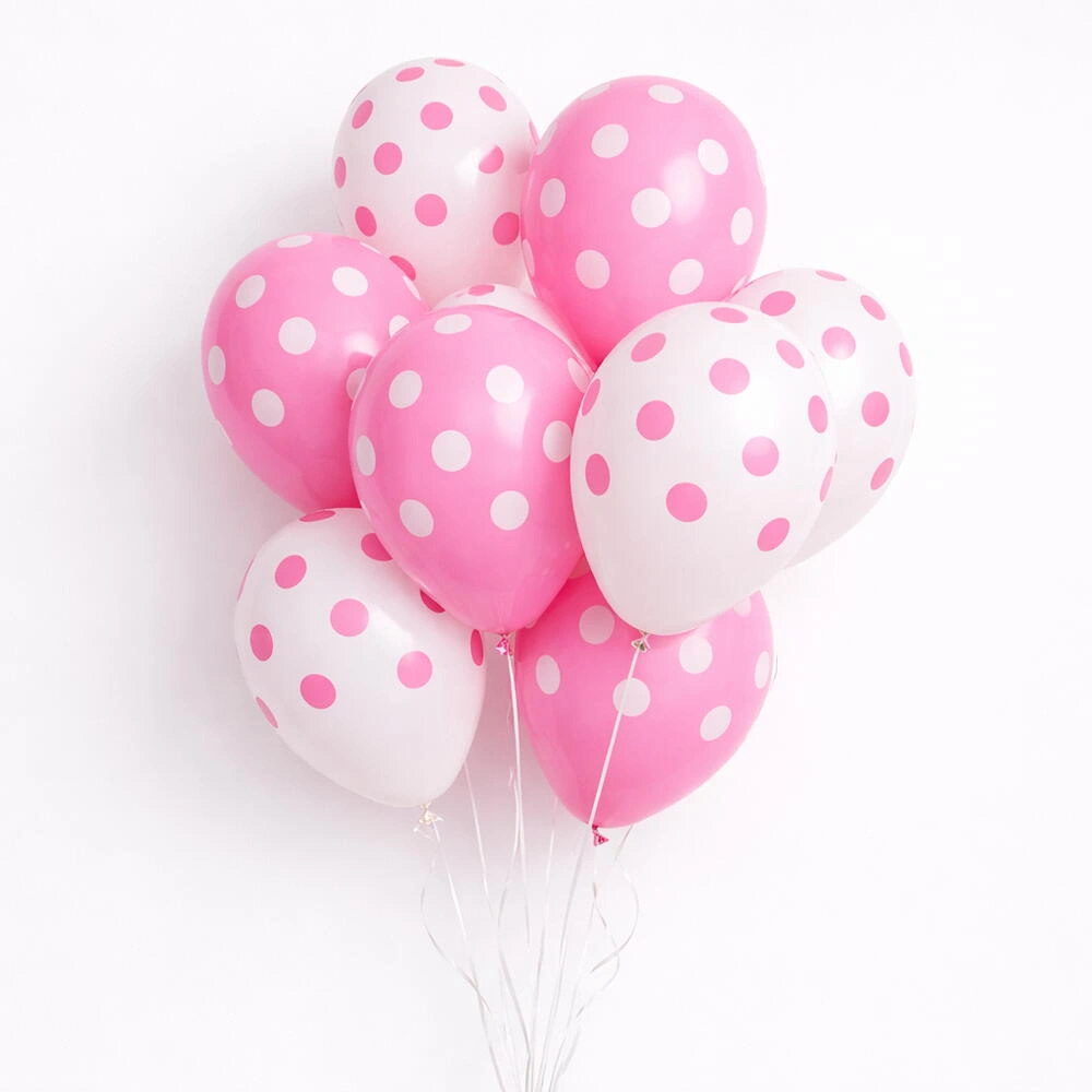 White and pink polka dot latex balloon set with 12 premium balloons for baby showers, birthdays, and party decorations