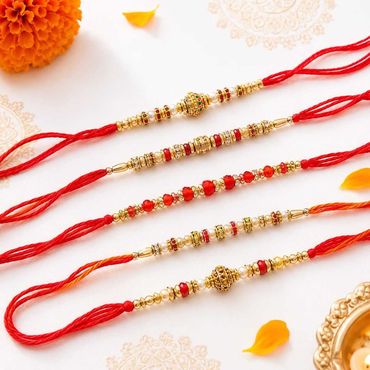 A stunning collection of five intricately designed rakhis with gold accents and red threads, perfect for Raksha Bandhan.