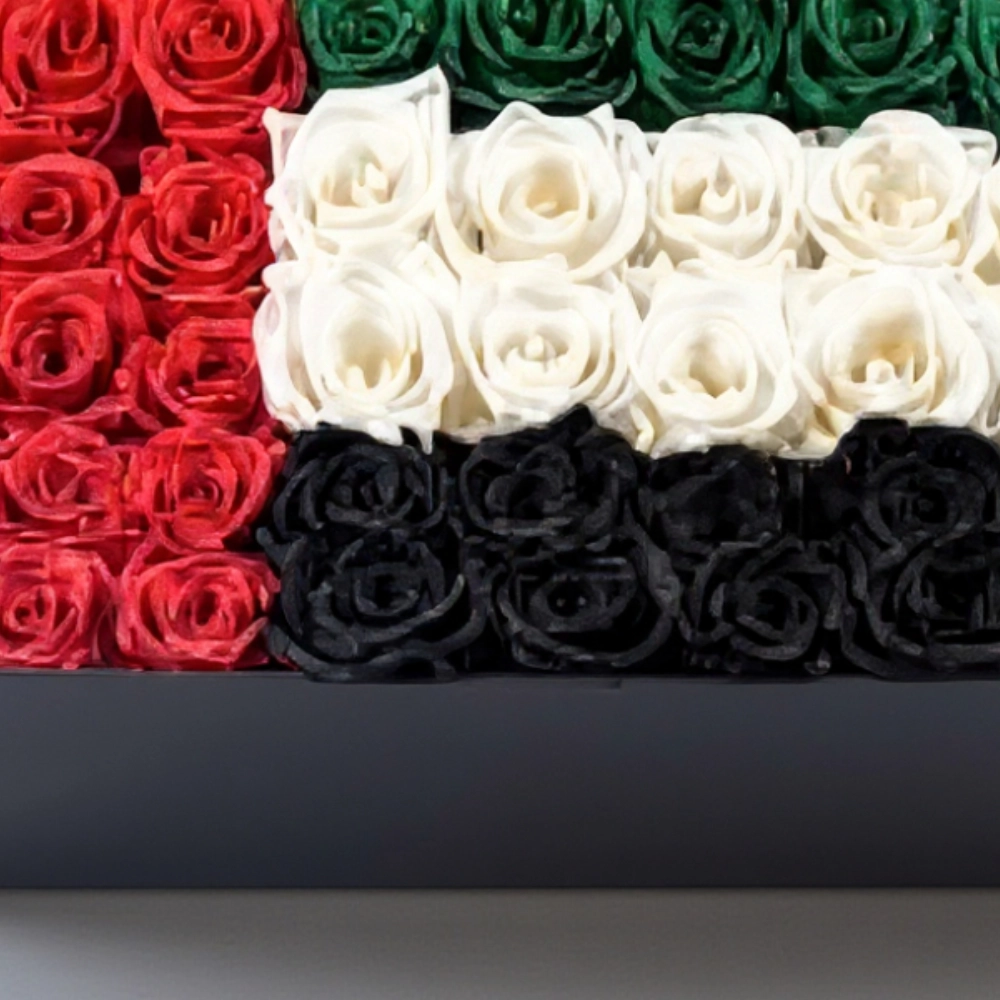 Arrangement of 50 - 60 UAE flag color roses in a black box