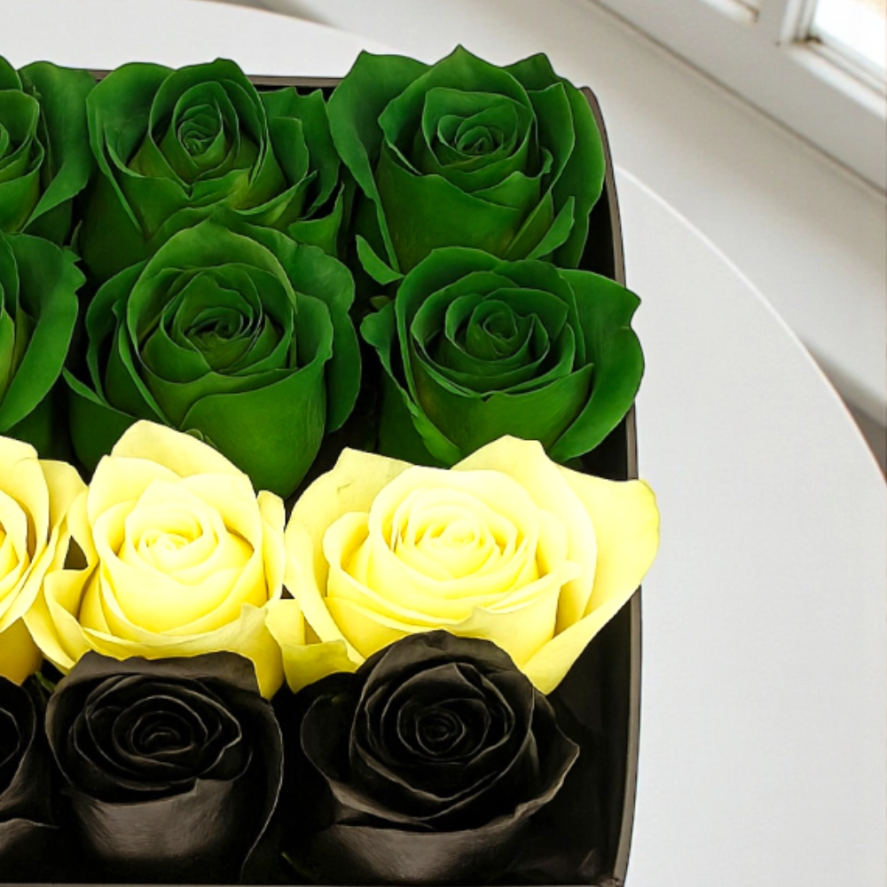 Arrangement of 16Pcs UAE flag color roses in a black box