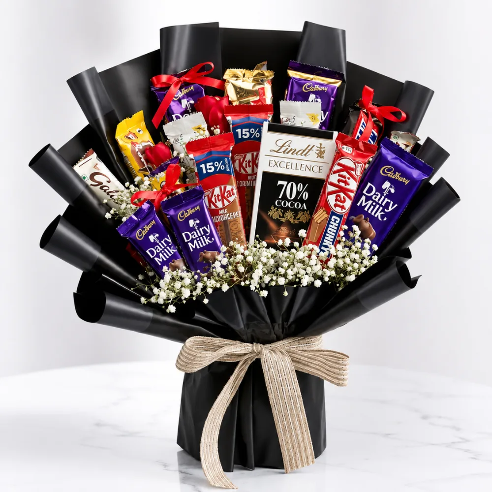 Father's Day chocolates and roses bouquet with assorted premium chocolates red roses and gypsophila elegant gift arrangement