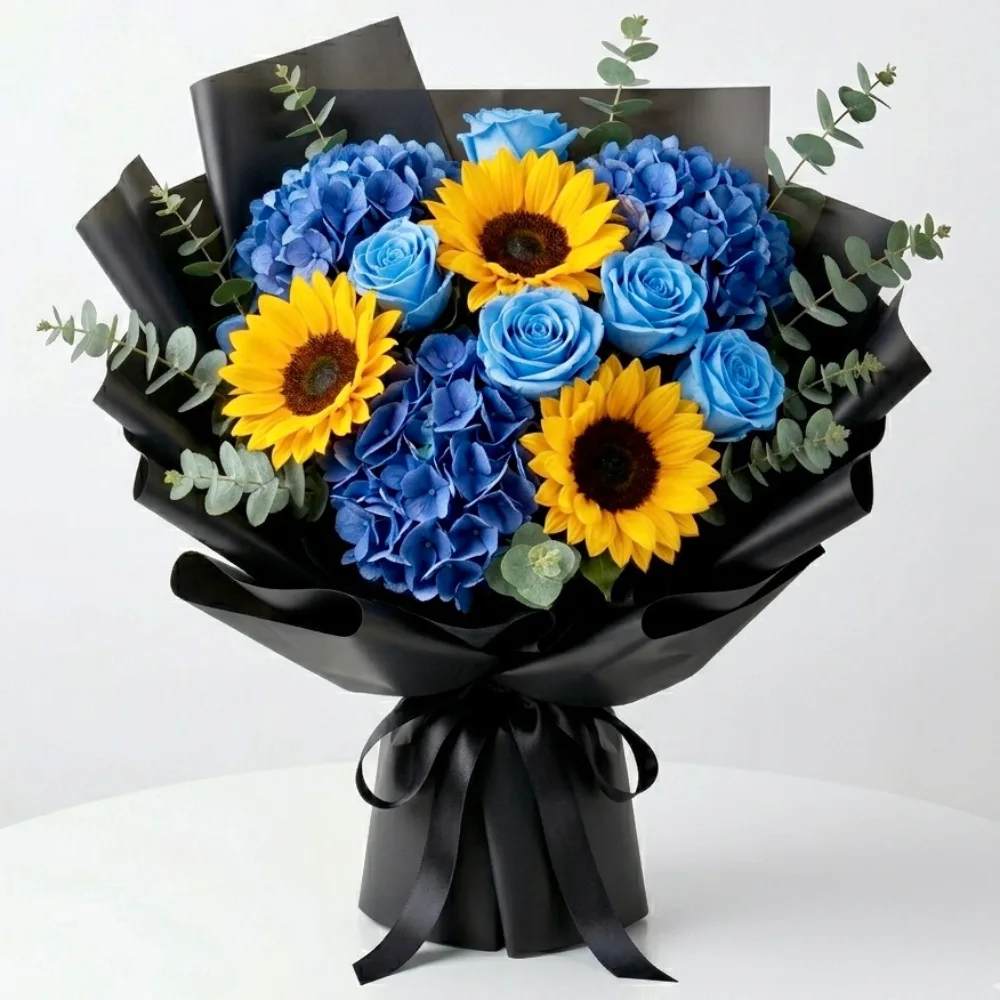 vibrant-fathers-day-blue-hydrangea-and-sunflower-bouquet-2