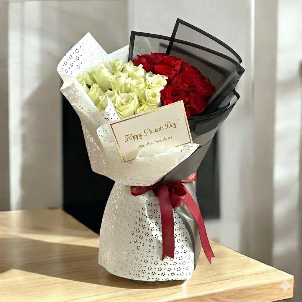 white and red roses bouquet for parents day uae