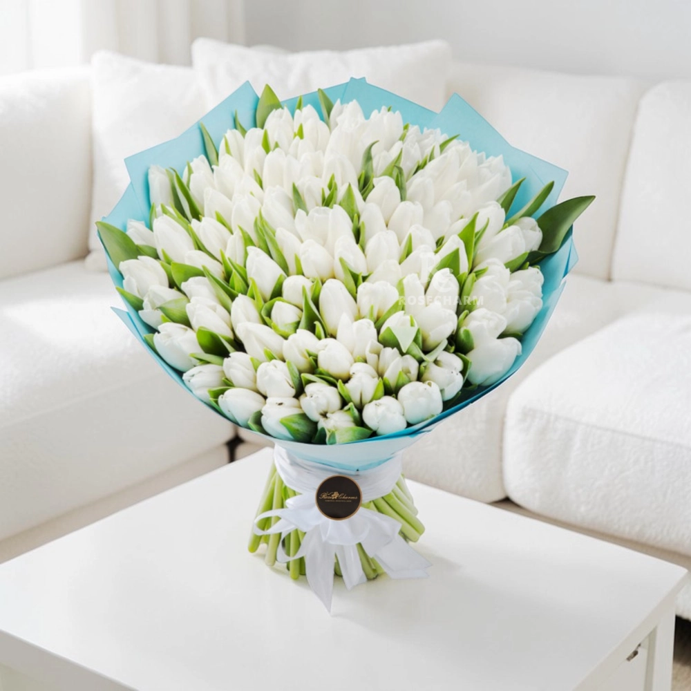 100 white tulips bouquet