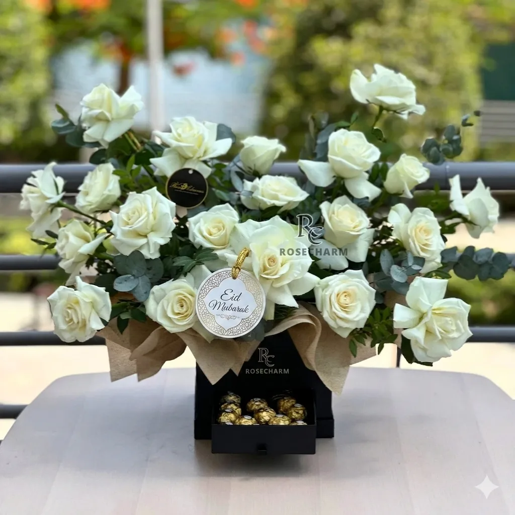 Luxury Eid Al Adha White Roses and Ferrero Rocher Black Box Arrangement